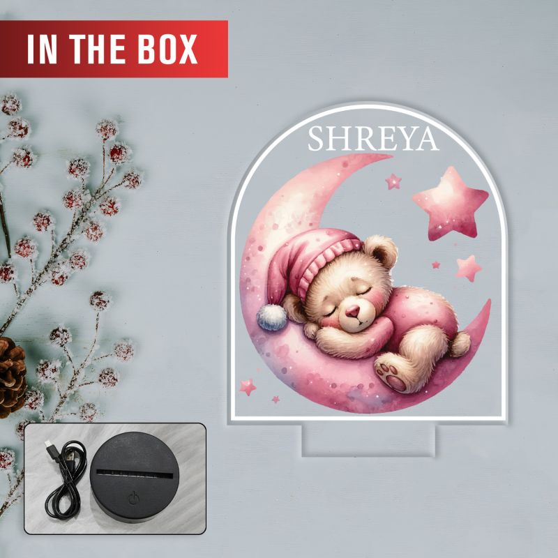 Personalized Sleeping Teddy on Moon Design, Custom with Name Warm White Light Kids Room Bedside Desk Table Lamp Return Gift for Kids